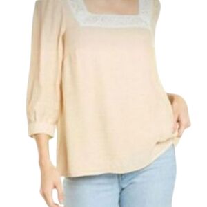 Nanette Lepore Warm Sand Blouse L Crochet‎ Trim Square Neck 3/4 Sleeve Romantic
